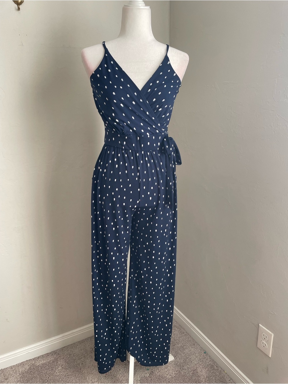 Kaileigh Navy & White Dot Wrap Jumpsuit